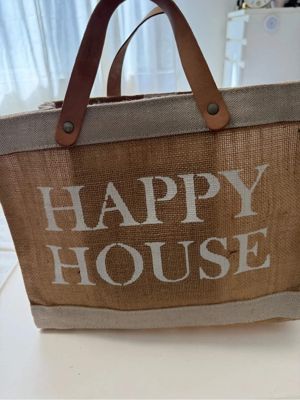 New- “Happy House “Brown Jute Tote with Leather-Effect Handles